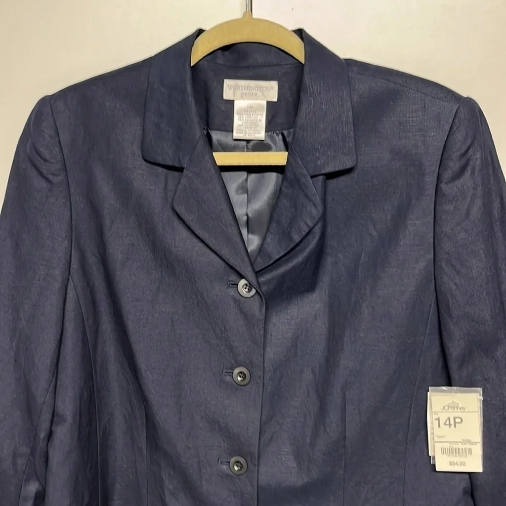 Worthington Petite Navy Linen Blend Blazer Jacket Size 14P